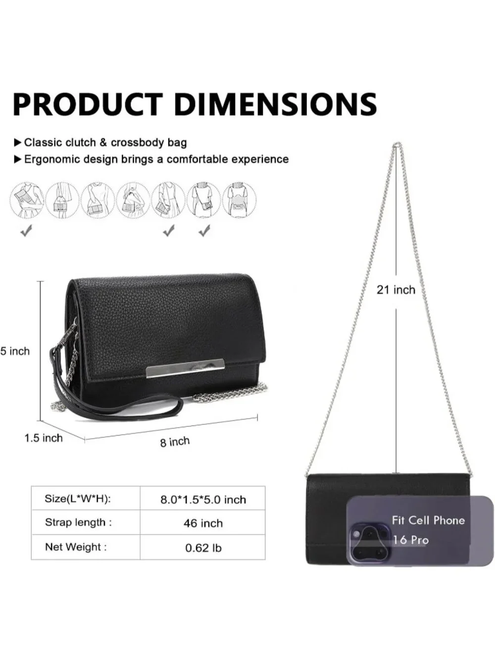 Women’s Black Clutch Purses Wristlet Vegan Leather Formal Evening Bag
